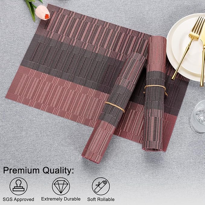 Placemats Set of 4, Vinyl Woven Place Mats Indoor Set of 4 Washable Wipeable PVC Table Mats Heat-Resistant Non Slip Plastic Placemat for Kitchen Dining Outdoor Table (Purple Red, Set of 4)
