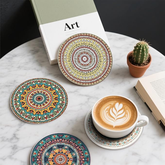 Mandala Pattern Coasters Leather Round Drink Coasters 6 Pcs Set with Holderor for Cup Drink Coffee Table Bar Home Decor