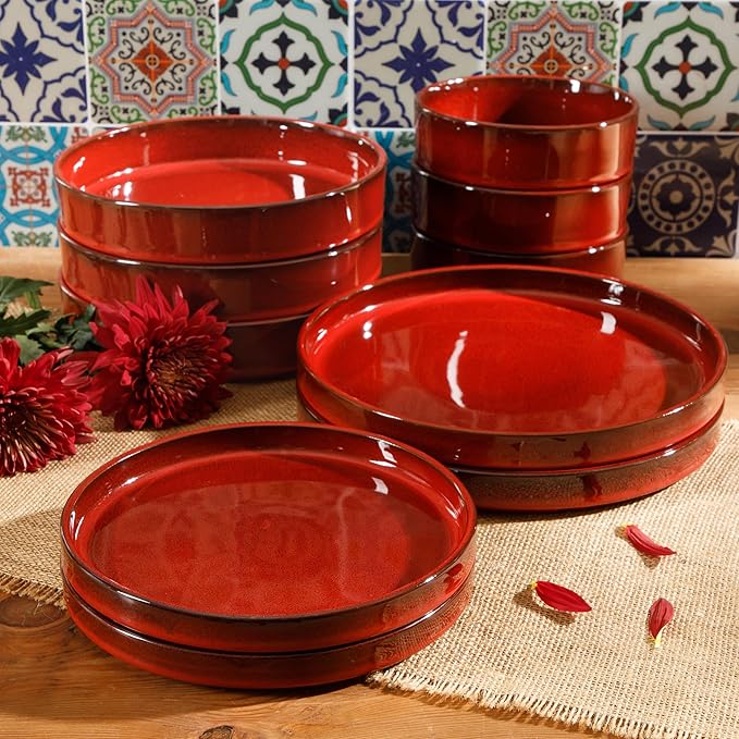 Bloomhouse - Two Time Oprah's Favorite Things Winner - Santorini Mist Double Bowl Terracotta Reactive Glaze Plates and Bowls Dinnerware Set - Garnet Red, Service for Four (16pcs)