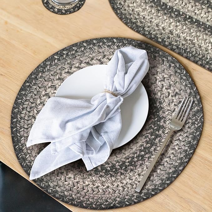 Homespice Flint Hill Jute Woven Round Placemats Set of 6, 15", Warm Primitive Decor, Grey Table Mats - Vibrant Colors, Durable, Easy to Clean and Protects Furniture
