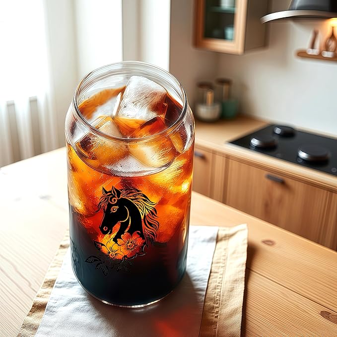 Cute Horse Glass Cup With Lids And Straws, Horse Gift For Women, Iced, Coffee, Smoothie, Cocktail, Beer, Whiskey, Soda, Matcha,16 Oz, Home Office Table Desk Decoration!