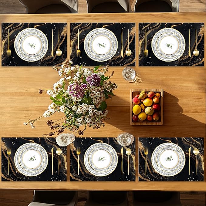 Abstract Marble Placemats Set of 6,Gold Black Waterproof Non-Slip Washable Table Mats for Kitchen Dining Holiday Party Wedding Decor 12x18 Inch