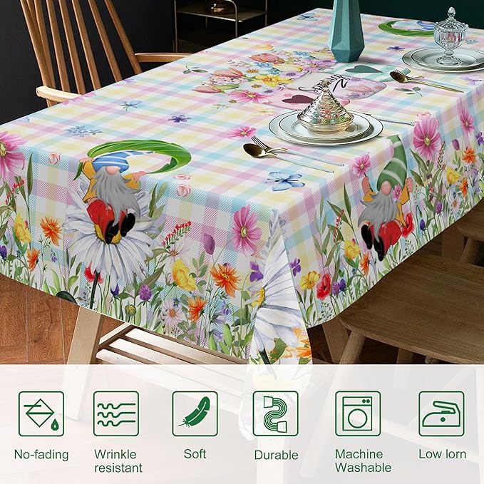 Spring Tablecloth Rectangle 60 x 84 With Gnome Flowers, Buffalo Check Plaid Kitchen Table Cover for Dining Room Indoor Decor