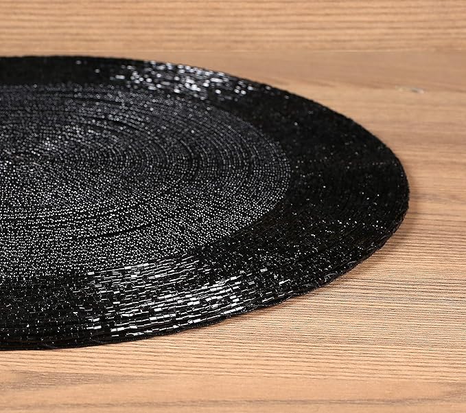 Lightnpro Round Black Beaded Placemats Set of 4 - Handcrafted Decorative Table Chargers - Elegant Farmhouse Table Mats for Dining, Holiday Dinner, Parties, Wedding & Home Décor - 13 Inch Black
