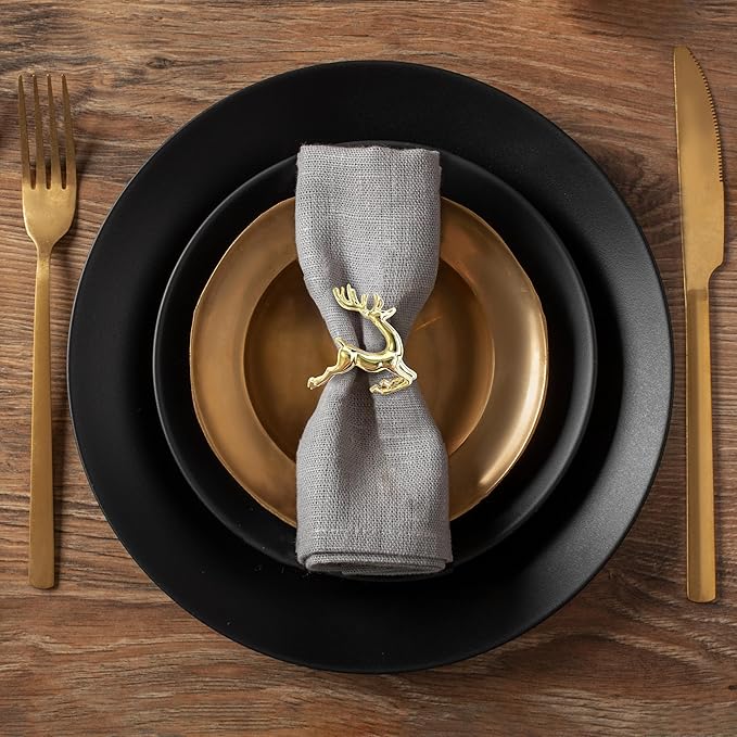 Decozen Set of 16 Gold Napkin Rings in Stag Design Festive Table Decor Setting for Holiday Wedding, Birthday, Kitchen, Home Decor Housewarming Gift - Thanksgiving & Christmas Gift Decoration