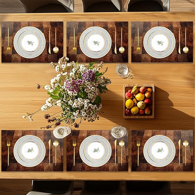 Brown Plaid Wooden Board Placemats Set of 6, Table Mates Non-Slip Heat Resistant Washable Linen Place Mats for Party Kitchen Dining Decoration Indoor Outdoor 12"x18"