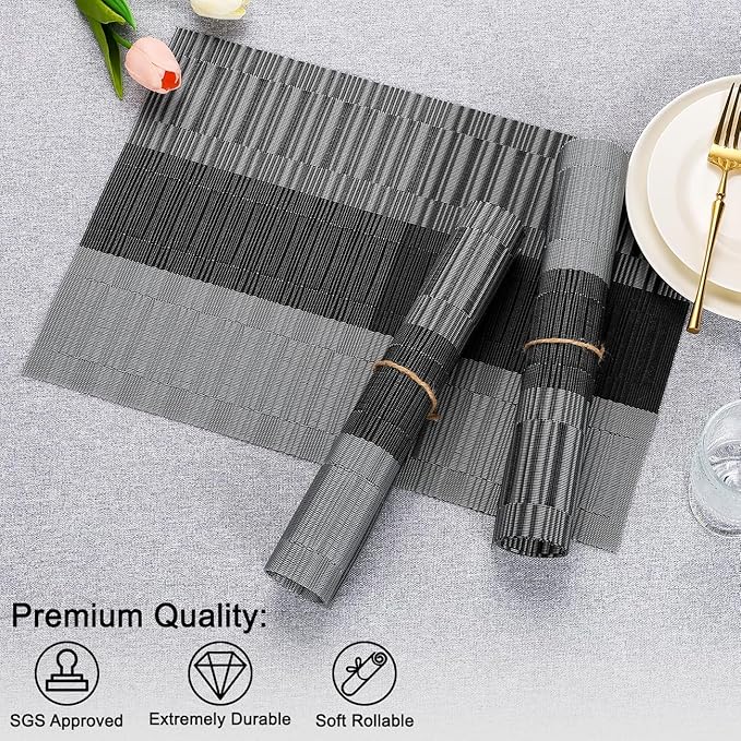 Placemats Set of 8, Vinyl Woven Place Mats Indoor Set of 8 Washable Wipeable PVC Table Mats Heat-Resistant Non Slip Plastic Placemat for Kitchen Dining Outdoor Table (Gray Black, Set of 8)