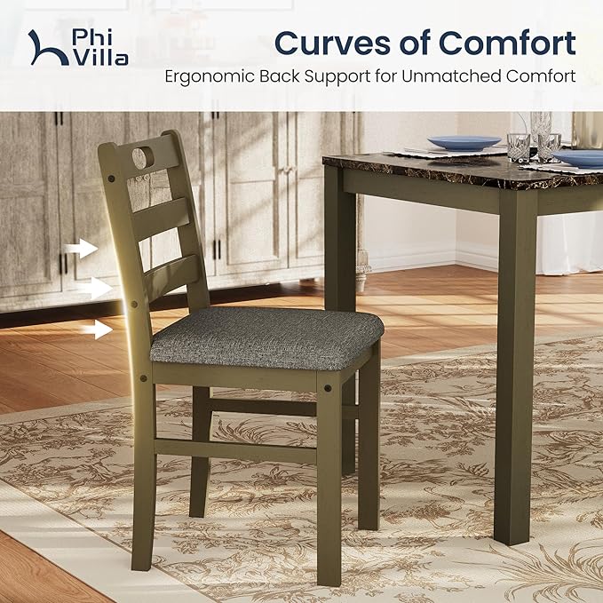 PHI VILLA Solid Wood Dining Table Set for 4, Marble Design Kitchen Table Chairs Set of 4, 5 Piece Space-Saving Dining Room Table Set for Apartment, Emperador Dark Marble& Olive