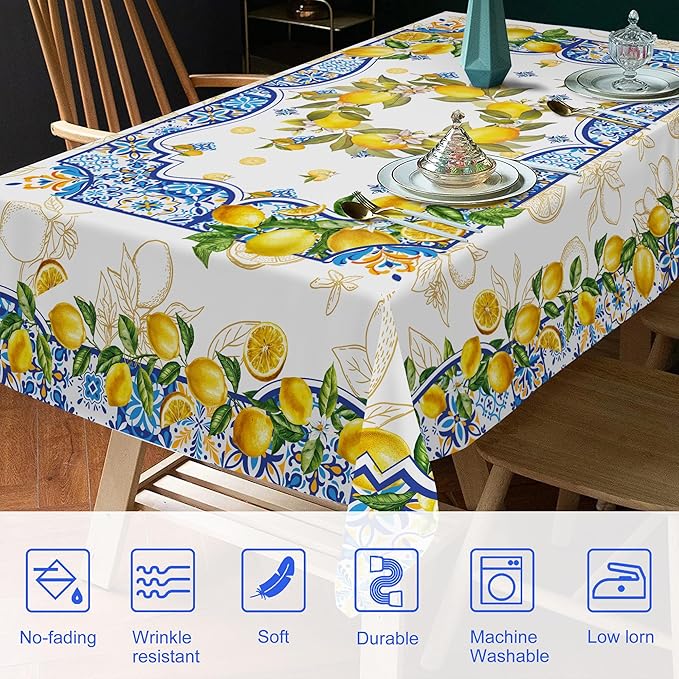 Lemon Tablecloth 60 x 104 Inch Rectangle, Yellow and Blue Mediterranean Summer Decor Tile Flower Pattern Table Cloth Italian Themed Decor for Party Oblong Table Cover for Dining Room