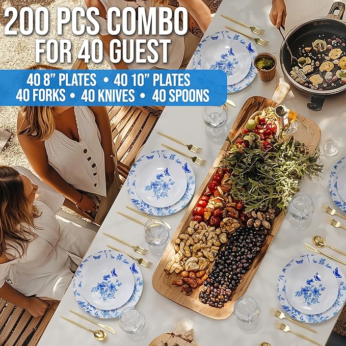 Trendables Fancy Plastic Dinnerware Sets 200 Pc Set 40 Guests Gold Silverware Disposable 40 X 10 Inch Charger Plates 40 X 8 Inch Dessert Plates 40 x Gold Plastic Forks and Spoons Knives In Botanical