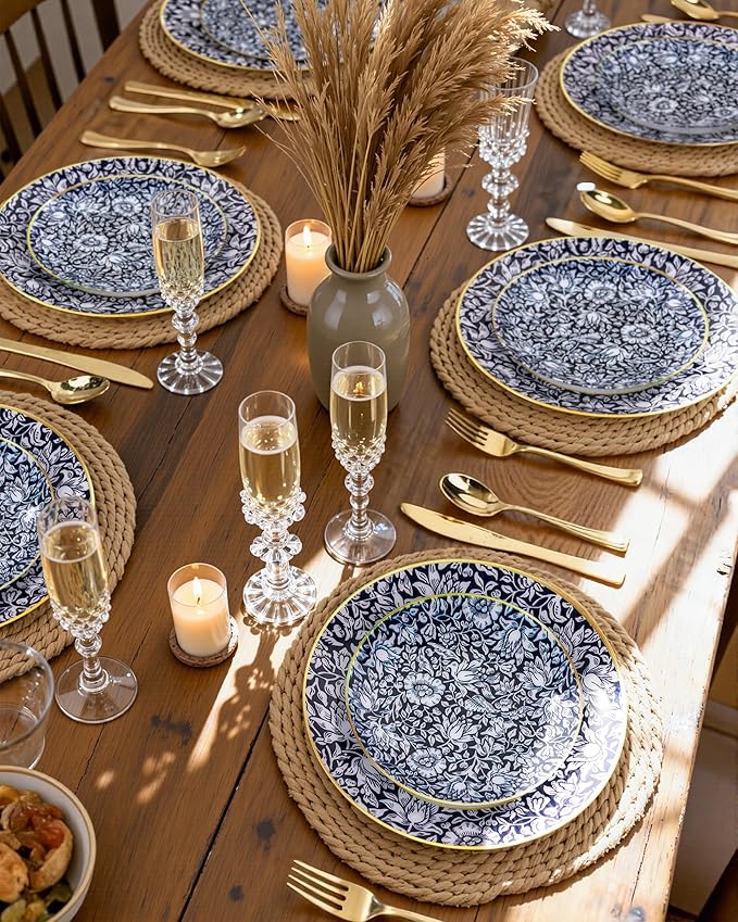 Hioasis 60pcs Plastic Disposable Plates Set - Blue & White Floral Pattern with Gold Rim, 10.25 Dinner & 7.5 Dessert Plates for Wedding,Anniversary,Party and Holiday