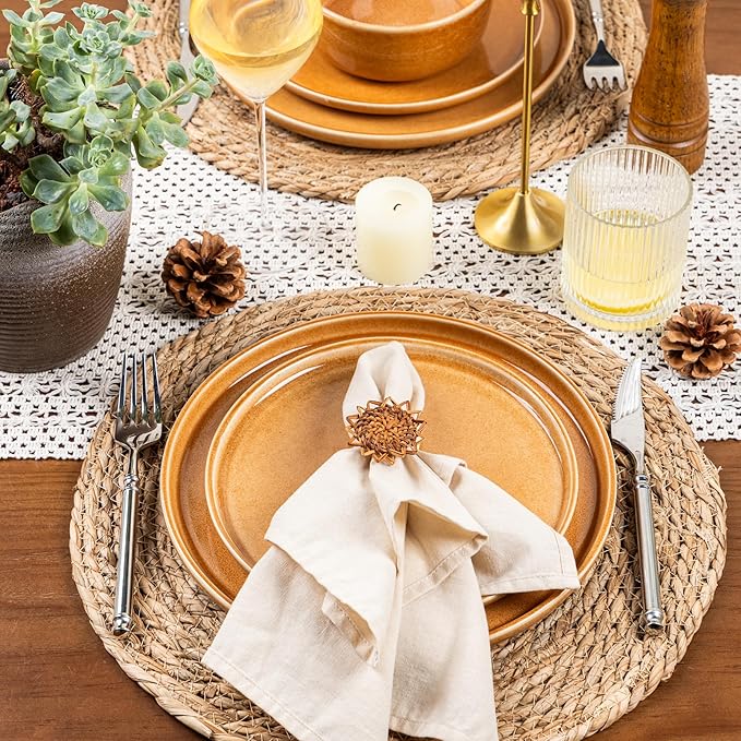 GBHOME Ceramic Dinnerware Sets for 6, 18 Pieces Stoneware Plates and Bowls Sets, Scratch Resistant Dishes, Dishwasher & Microwave Safe, Reactive Glaze-Amber