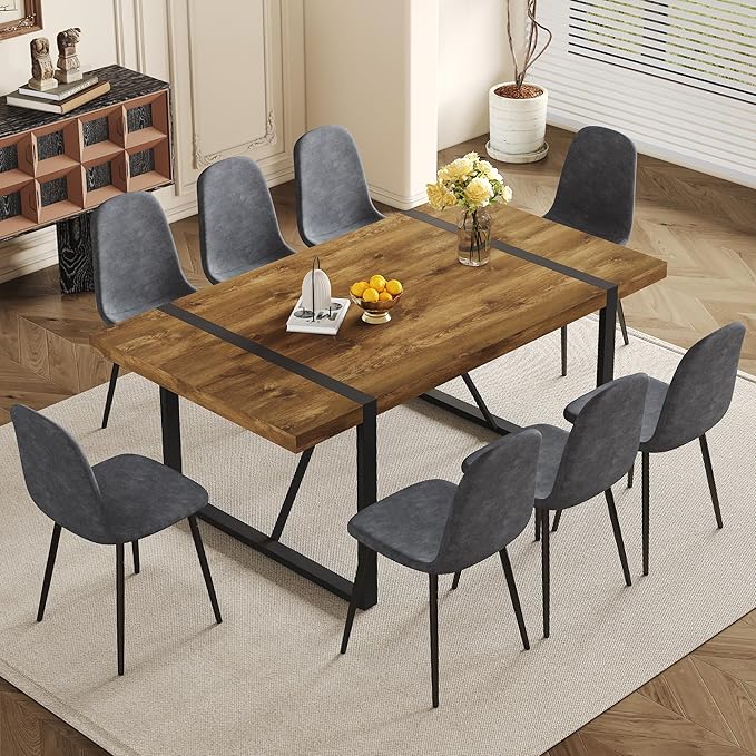 Dining Table Set for 8, Modern 71'' Dark Wood Dining Table and Fabric Dining Chairs Set of 8,Table and Chairs Set of 8,Ideal for Kitchen Dining Room