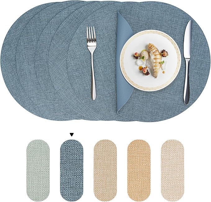 Round Wipeable Placemats Set of 6 – Faux Leather Round Table Mats, Waterproof & Washable Vinyl Placemats, Circle Design for Dining Table Decor– Charcoal Blue