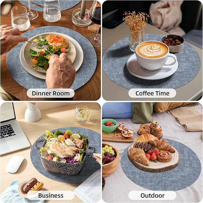 15 inch Faux Leather Round Placemats Set of 6 Non-Slip Washable Wipeable Table Mats, Heat Resistant Waterproof Oilproof Blue Place Mats for Kitchen, Dining, Party, Indoor, Outdoor