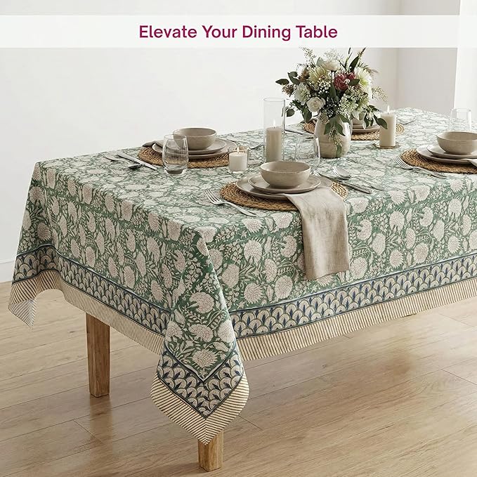 ATOSII Jade 100% Cotton Rectangle Summer Tablecloth, Block Print Floral Table Cloth Linen for Dining, Parties, Weddings, Outdoors I Grand Millennial Decor 60 X 108 Inches I 8 Seater I Memorial Day