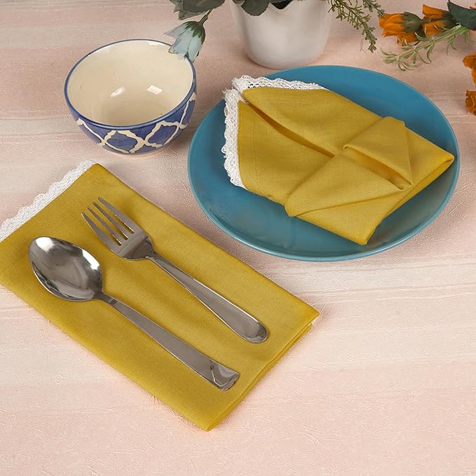 FINGERCRAFT Dinner Cloth Napkin Cotton Linen Blend 12 Pack Mitered Corners with Elegant Lace for Everyday Use Napkins are Pre Shrunk and Good Absorbency 20in x 20in, Gold
