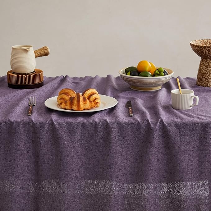 Linen Tablecloth with Tassels, Farmhouse Style Purple Tablecloth, Water Resistant Burlap Tablecloths for Rectangle Table, 60x120 Inch Purple