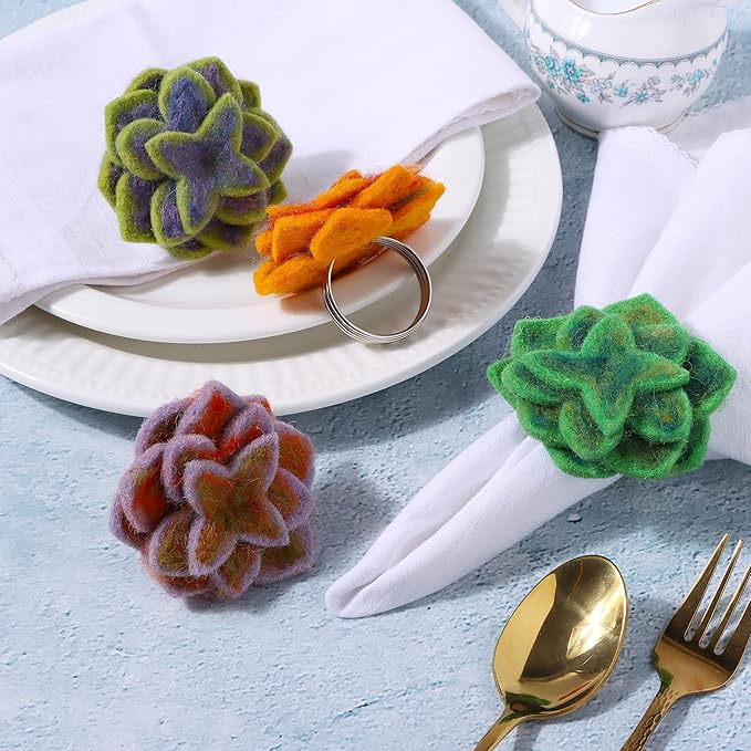 CLEENTABLE Wool Felt Napkin Ring Set of 8 - Elegant Flower Spring & Farmhouse Table Décor with Silver Electroplated Metal Alloy Base - Perfect for Banquet Table Decor & Daily Use (Multi)