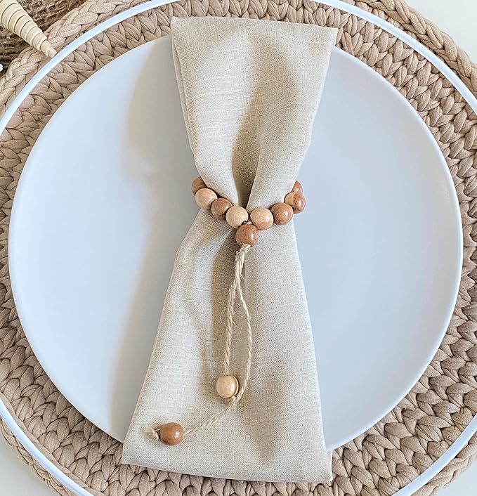 Napkin Rings Set of 6 - Wood Beaded Napkin Rings - Natural Rustic Wooden Napkin Holder Ring for Table - Handmade Wooden Beads Napkin Ring with Jute Twine - Farmhouse Napkin Ring