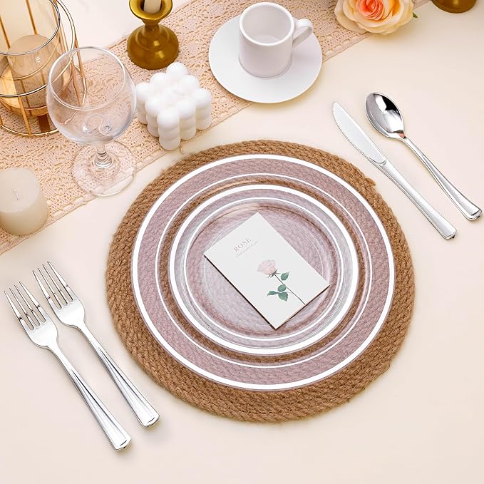 BESTSTAR 100PCS Clear Plastic Plates for Party, 10.25 Inch Disposable Plates with Silver Rim, Heavy Duty Dinner Plates for Christmas, Wedding and Birthday