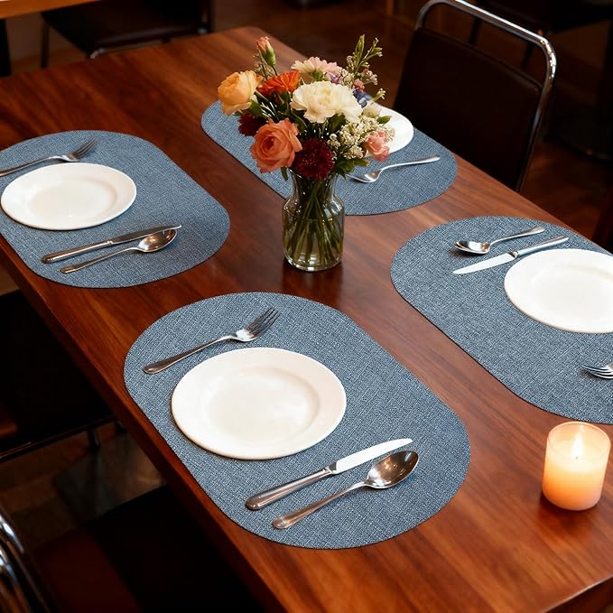 Oval Placemats for Dining Table Set of 6, Washable Leather Table Mats, Waterproof Heat-Resistant Non-Slip Kitchen Placemats, Simple Style Oval Design