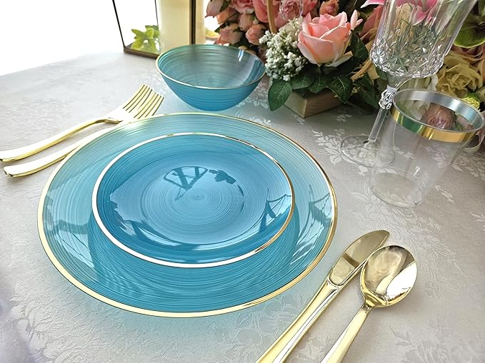 " OCCASIONS " 120 Plates Pack,(60 Guests) Premium Wedding Party Disposable Plastic Plates Set -60 x 10'' Dinner + 60 x 7'' Salad/Dessert (Belize, Aqua & Gold)