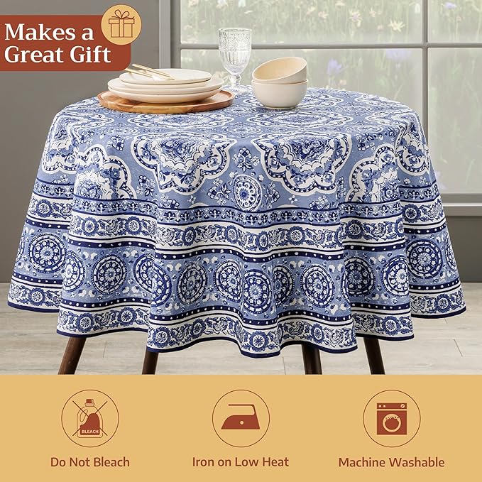 Maison d' Hermine Table Cloth Round Table 100% Cotton 69 Round Inches Tablecloth Reusable Decorative for Dining Room Farmhouse Home Valentines Day Decorations Spring Summer - Melodie Bleue