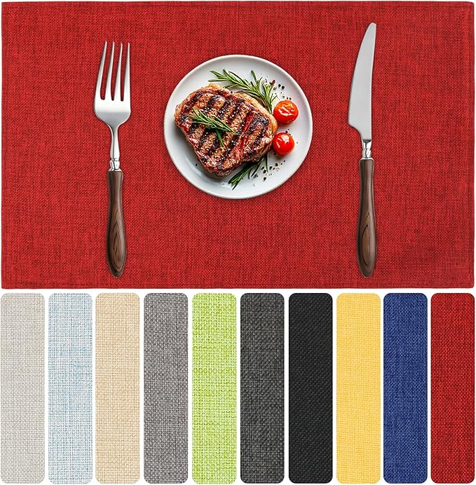 Blue Forest Placemats Set of 6, Dual-Layered Thickened Faux Linen Table Mats Heat Resistant Machine Washable Wrinkle Free Place Mats for Kitchen Dining Outdoor/Indoor (Red)