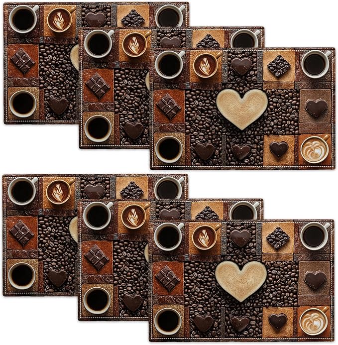 Coffee Placemats Set of 6, Cafe Table Mats, Washable Place Mats for Coffee Bar Home Party Indoor Kitchen Dining Table Decoration 12x18 Inch