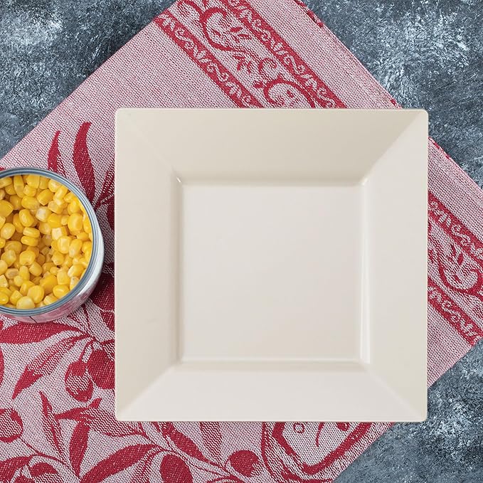 Smarty Had A Party 120 Disposable Plastic Dinnerware, 9.5" Fancy Square Ivory Plates for Parties and Events, Heavy Duty Supplies for All Occasions