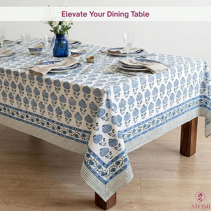 ATOSII Roma Blue 100% Cotton Boho Rectangle Fall Tablecloth, Handblock Floral Print Table Cloth Linen for Kitchen Dining I Parties, Outdoors, Weddings, Christmas, Thanksgiving Decor 60 X 108 Inches