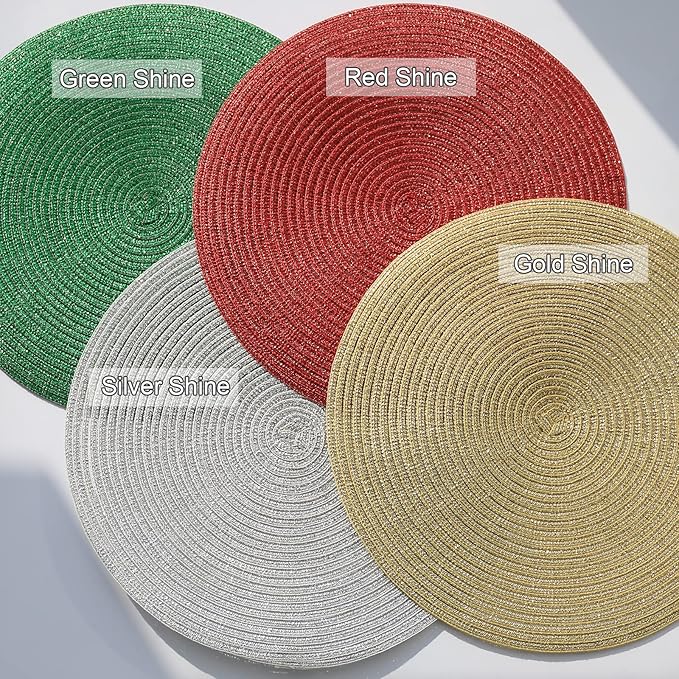 AHHFSMEI Round Braided Placemats 15 Inch Round Table Mats for Dining Tables Natural Woven Heat Resistant Place mats Set of 6 (Green Shine)