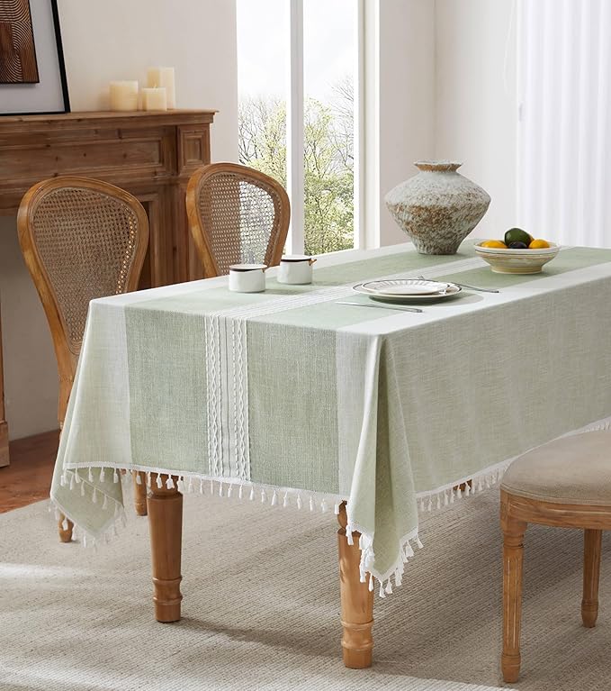 ZeeMart Contrast Linen Table Cloth Rectangle Table Cloths 52x70 Inch Mid-Stripe Green, Farmhouse Style Heavy Weight Sage Green Tablecloth, Water Resistant Burlap Tablecloths