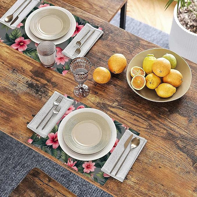 Pink Flamingo Placemats Set of 6, Tropical Palm Leaves Waterproof Linen Fabric, Non-Slip Backing & Easy Clean, Elegant Dining Table Placemats for Family and Guests