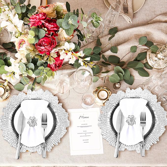 Dandat 100 Pcs Charger Plate Bulk 13'' Floral Reef Plates with Napkin Ring Plastic Dinner Charger Hollow Out Flower Napkin Holder Plastic Plate for Table Setting Wedding Party (Silver)
