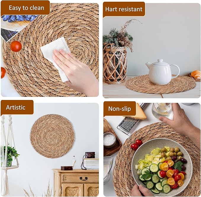 GENMOUS Woven Placemats Set of 12, 13" Round Placemats Natural Water Hyacinth Boho Placemats,Farmhouse Rattan Chargers for Dinner Plates,Rustic Braided Wicker Table Mats for Dining Table,Home,Wedding