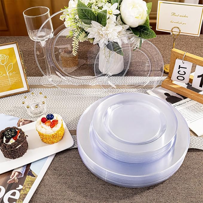 I00000 200PCS Clear Plastic Plates, Disposable Clear Plates for 100 Guests, Premium Dinner and Dessert Plate, Fancy Hard Plastic Party Plate for Birthday, Wedding & Party