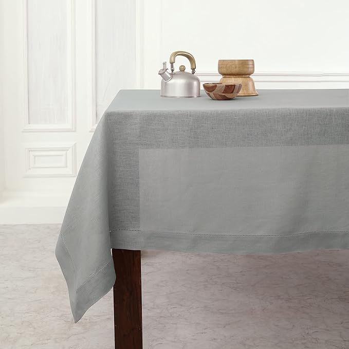 Solino Home Linen Soft Grey Tablecloth 60 x 144 Inch - Classic Hemstitch, 100% Pure Linen Rectangular Tablecloth - Machine Washable Table Cloth for Winter, Spring, Easter