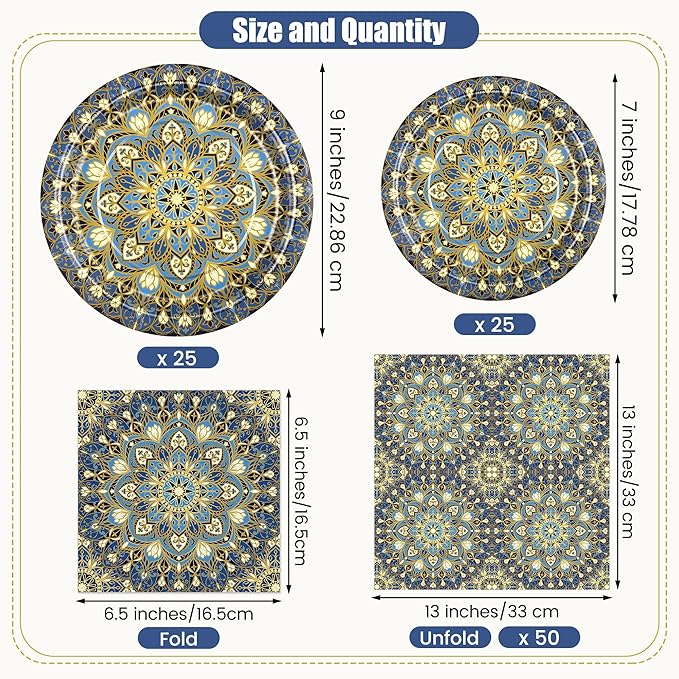 Kochorie 100 Pieces Bohemian Style Paper Plates and Napkins Set Vintage Bohemian Decorative Paper Plates (25 x 7 Inch & 25 x 9 Inch) Boho Tableware Set for Daily Use Party Kitchen Wedding Decor