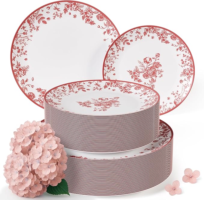 Trendables Disposable Plates For Party Supplies | Pink Floral Plastic Plates For Wedding 80 Pcs - 40 X 8 & 40 X 10 Dinner Plate Sets | Floral Plate Set Disposable Plastic Dinnerware Sets