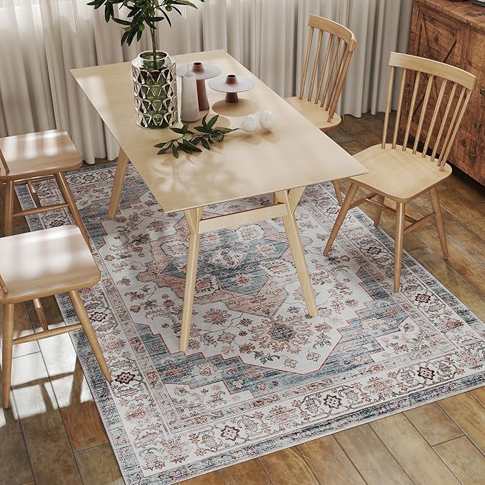 HOMCOM Washable Area Rug, 5'x7' Vintage Indoor Distressed Carpet, Retro Floor Cover Foldable, Floral Print Mat for Living Room, Bedroom, Dining Room, Brown and Light Blue