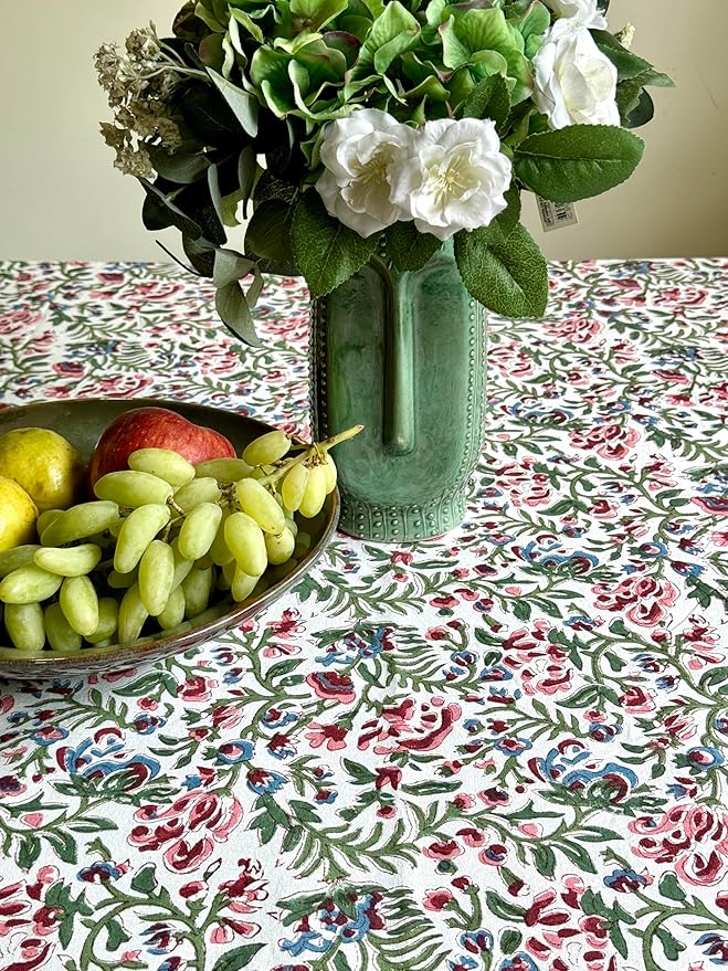 ATOSII Ambrosia 100% Cotton Rectangle Boho Spring Summer Tablecloth, Handblock Floral Table Cloth Linen for Kitchen Dining Parties Wedding Outdoors Easter Decor 60 X 108 Inches I 8 Seater