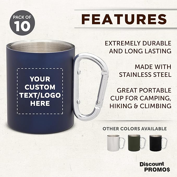 Custom Stainless Steel Mugs with Carabiner Handle 10 oz. Set of 10, Personalized Bulk Pack - Perfect for Coffee, Soda, Other Hot & Cold Beverages - Navy Blue