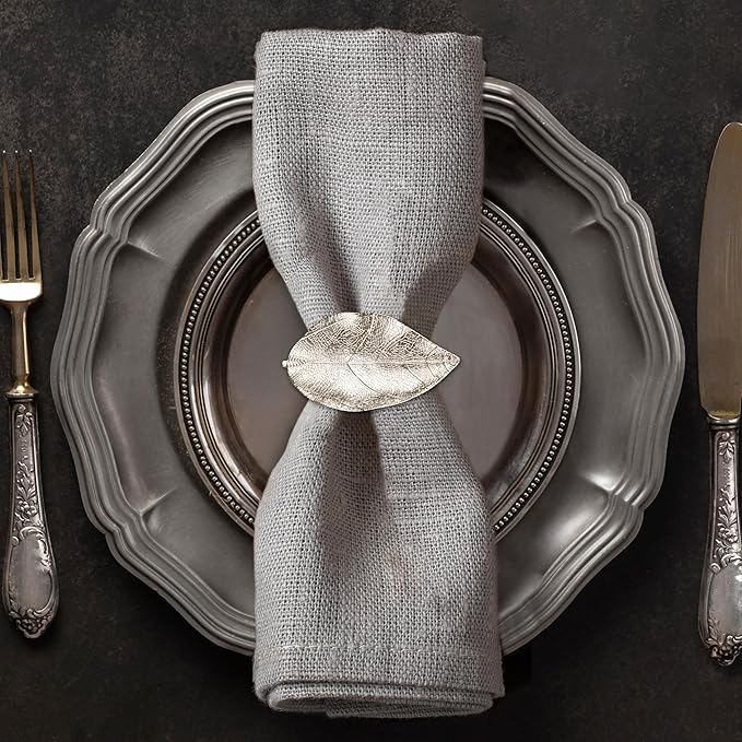 Decozen Set of 12 Silver Napkin Rings in Leaf Design, Festive, Table Decor Setting for Holiday, Wedding, Birthday, Kitchen, Home Decor, Housewarming Gift - Mothers Day Decorations