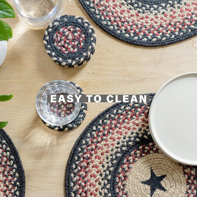 Homespice Primitive Star Gloucester Round Braided Placemats, Warm Primitive Decor, Set of 2, 15" Black and Red Jute Table Mats - Vibrant Colors, Durable, Easy to Clean and Protects Furniture