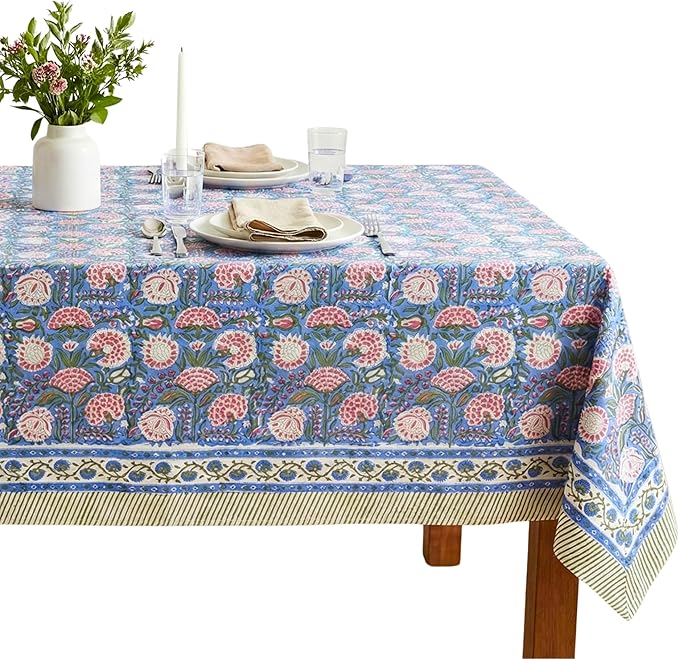 ATOSII Clover Pink 100% Cotton Fall Tablecloth, Handblock Print Rectangle Table Cover for Kitchen Dining Linen I Parties, Weddings, Outdoors, Easter Table Cloth Decor 60 X 90 Inches I 6 Seater