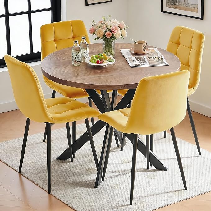 5-Piece Round Dining Table Set - Kitchen Table Chairs Set of 4 with Yellow Velvet Upholstered Chairs -Dining Table Set for 4