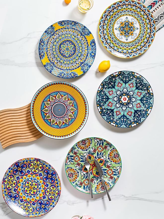 HENXFEN LEAD Dinner Plates Set of 6-10.5 Inch Large Ceramic Plates, Colorful Serving Dishes for Kitchen & Restaurant, Dishware, Microwave & Oven safe - Bohemian Style