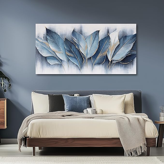 Framed Art Wall Decorations Blue Leaves Canvas Wall Art Abstract Art Modern Artwork For Living Room Bedroom Dining Room Home Office Decor 20"X40"